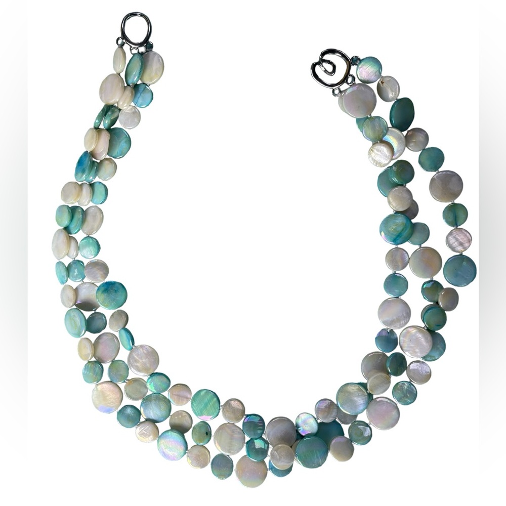 Iridescent Mother of Pearl Amazonite Necklace- Three Strands- Light Green, White